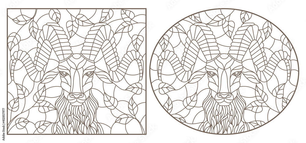 Set of contour illustrations in stained glass style with portraits of rams, dark contours on a white background Set of contour illustrations in stained glass style with portraits of rams, dark contours on a white background