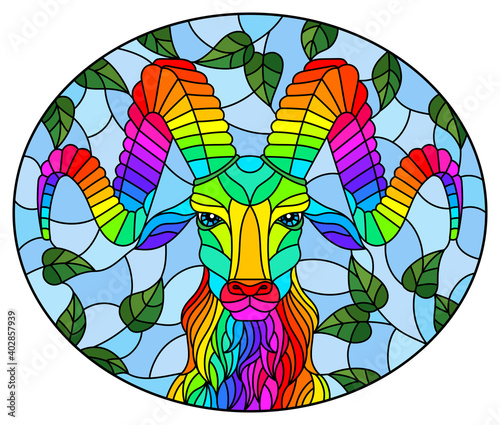 Illustration in stained glass style with the head of a rainbow ram on a background of tree branches and blue sky, oval image