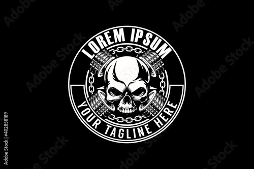 skull head with barbell logo vector design template