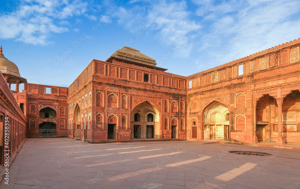 Agra Fort red sandstone medieval architecture structure with intricate carving. Agra Fort is a mughal architecture masterpiece and a UNESCO World Heritage site