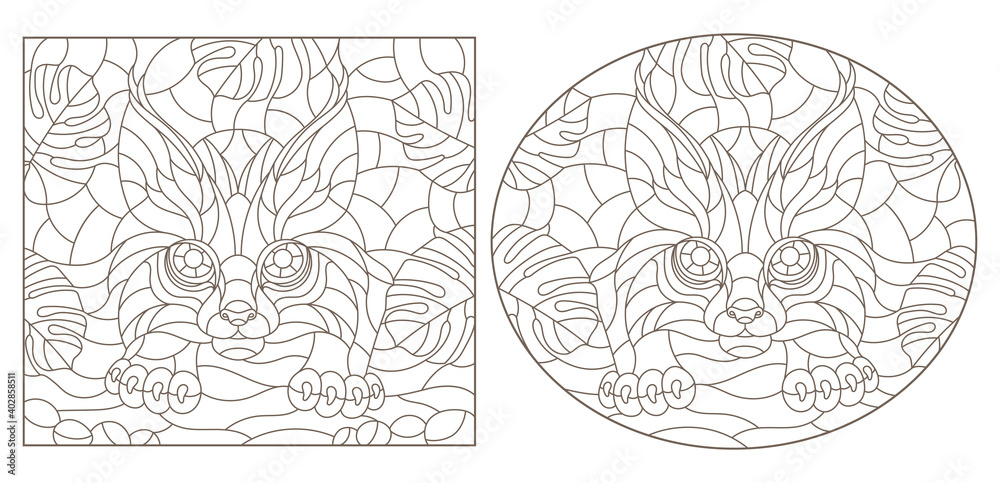Set of contour illustrations in stained glass style with lynx on a background of leaves, dark contours on a white background