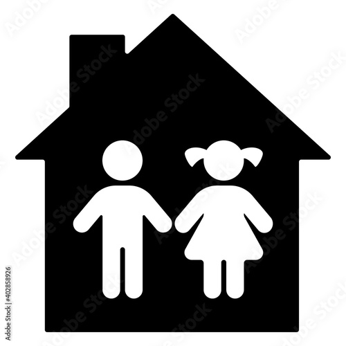Black children at home symbol isolated on white, stay at home icon