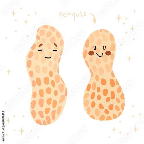 Cute funny peanuts. A set of characters with an inscription. Suitable for stickers, design, web. Vector illustration.