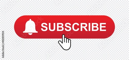 Subscribe red button with hand finger click pointer. subscribe Social media concept isolated on transparent background. Vector icon illustration