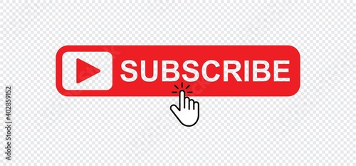 Subscribe red button with hand finger click pointer. subscribe Social media concept isolated on transparent background. Vector icon illustration