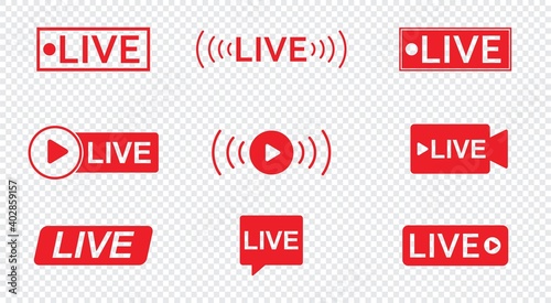 live streaming icon set. video broadcasting and live streaming isolated on transparent background. red Button symbols for TV, news, movies, shows, vector illustration