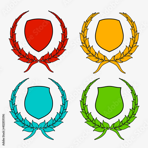Protect guard shield plain line concept. Outline shield badge. Safety icon set. Privacy banner kit. Security label. Flat style protect sticker symbol shape. Safeguard simple sign linear pictogram