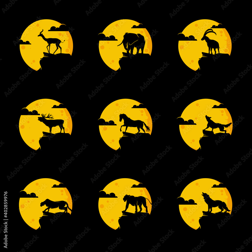 Set of animals in the moon logo design template