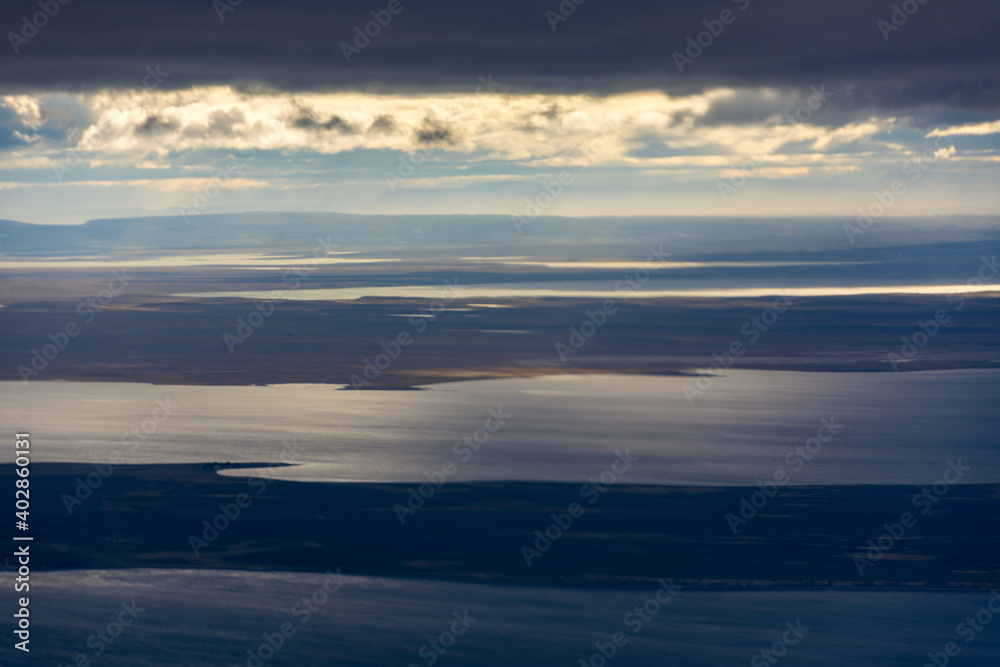View  from an aeroplane of the coastline near Punta Arenas, Patagonia, Chile
