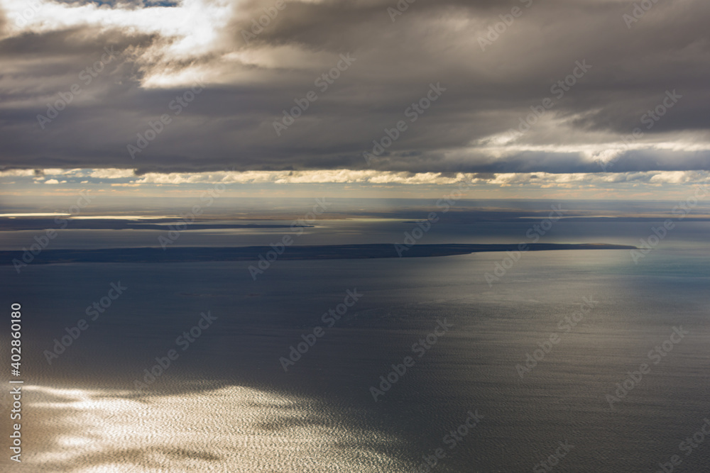 View  from an aeroplane of the coastline near Punta Arenas, Patagonia, Chile
