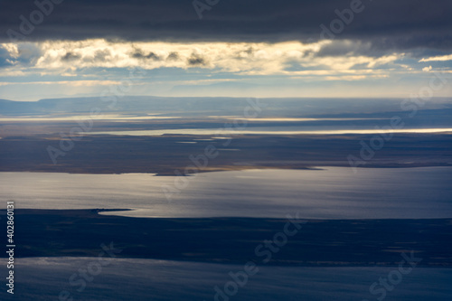 View  from an aeroplane of the coastline near Punta Arenas  Patagonia  Chile