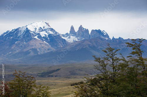 Torres del Paine and cloudy skies, Patagonia, Chile