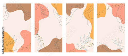 Social Media stories Templates. Minimal trendy style organic shapes pattern and floral line art with copy space for text. Vector set of abstract backgrounds for blloggers, invitation, banner, covers