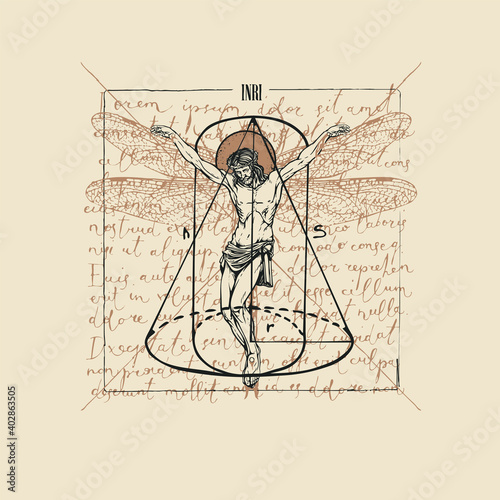 Abstract hand-drawn banner with Jesus Christ with dragonfly wings and geometric figures on the background of handwritten text Lorem ipsum. Religious illustration with a crucifix in retro style