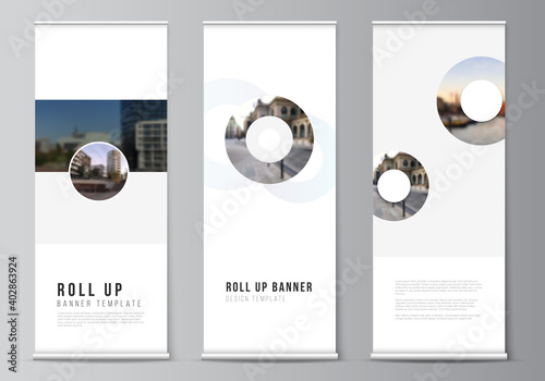 Vector layout of roll up mockup templates for vertical flyers, flags design templates, banner stands, advertising design mockups. Background template with rounds, circles for IT, technology.