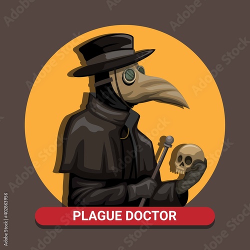 Black death Plague Doctor wear Bird Mask Costume holding skull and rod in medieval concept in cartoon illustration vector