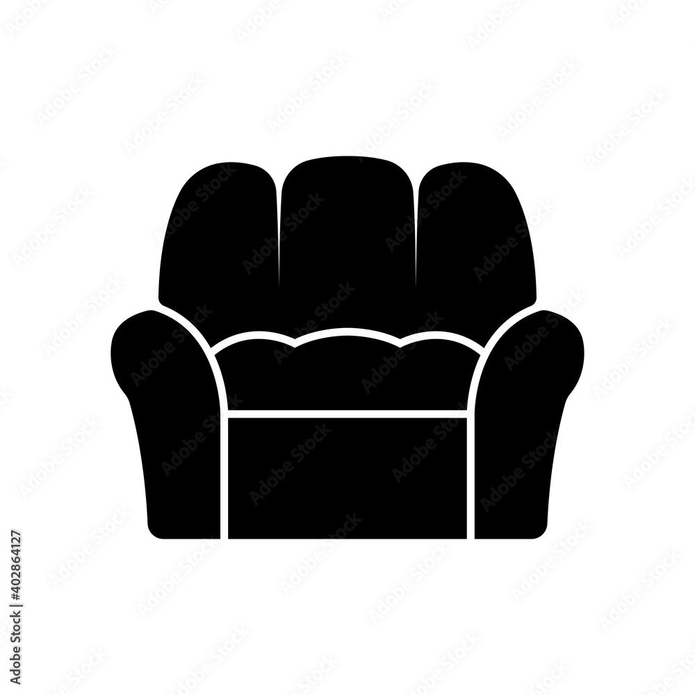 Armchair icon. Black silhouette. Front view. Vector flat graphic illustration. The isolated object on a white background. Isolate.