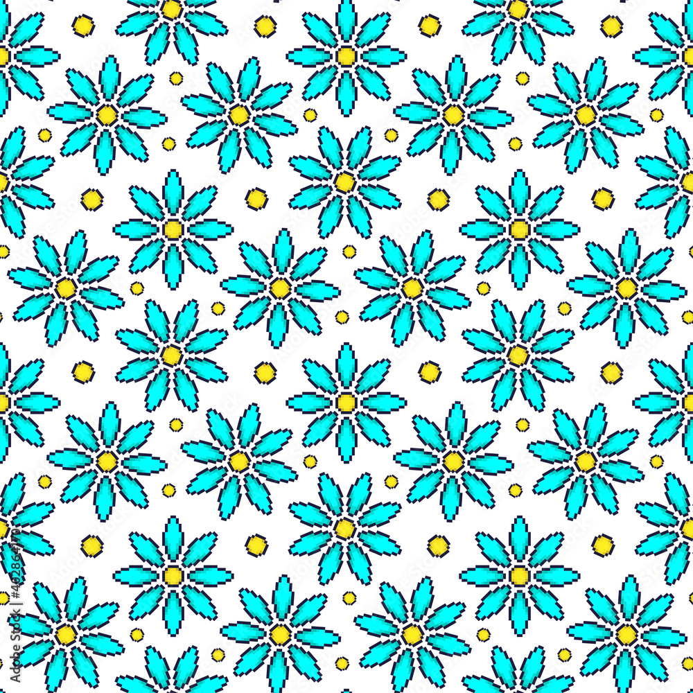 Beautiful pixelated blue chamomile flowers isolated on white background. Cute floral seamless pattern. Vector flat graphic illustration. Texture.