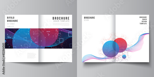 Vector layout of two A4 cover mockups templates for bifold brochure, flyer, magazine, cover design, book design. Artificial intelligence, big data visualization. Quantum computer technology concept.