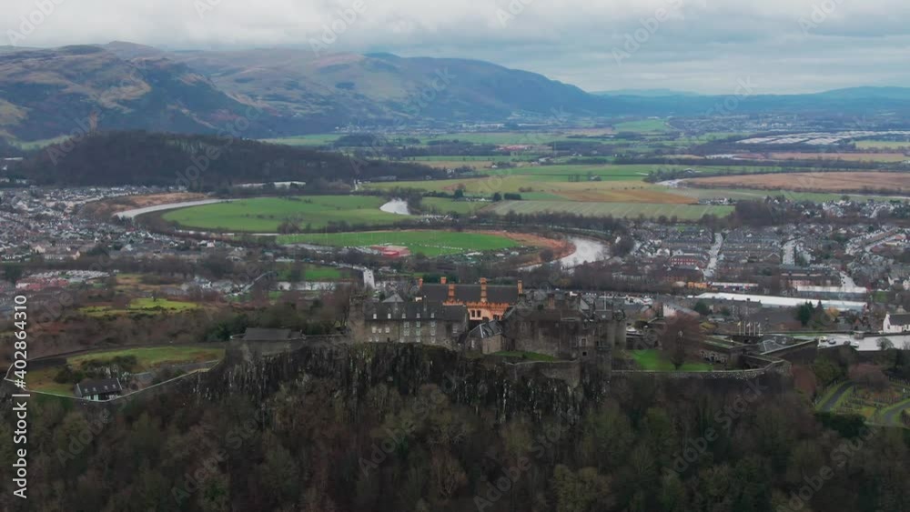 Aerial drone shot of the Stirling Castle located in Stirling, Scotland on a cloudy day Aerial drone shot of the Stirling Castle located in Stirling, Scotland on a cloudy day