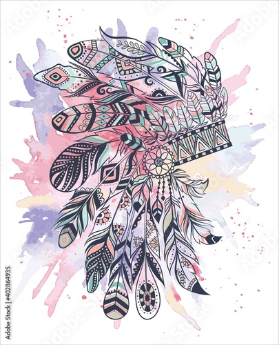 Boho illustration with headdress from feathers, tribal vector background. Ideal for T-shirt prints