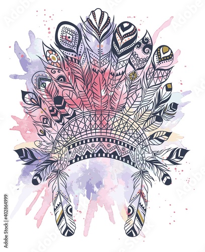 Boho illustration with headdress from feathers, tribal vector background. Ideal for T-shirt prints