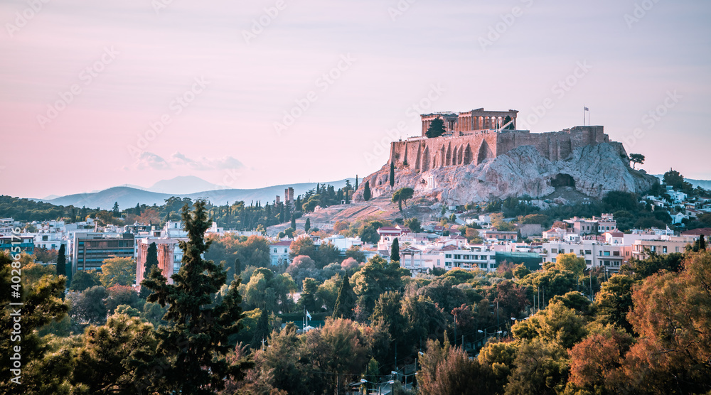 Beautiful sunset view of the Acropolis of Athens seen from the Panathenaic Stadium Beautiful sunset view of the Acropolis of Athens seen from the Panathenaic Stadium