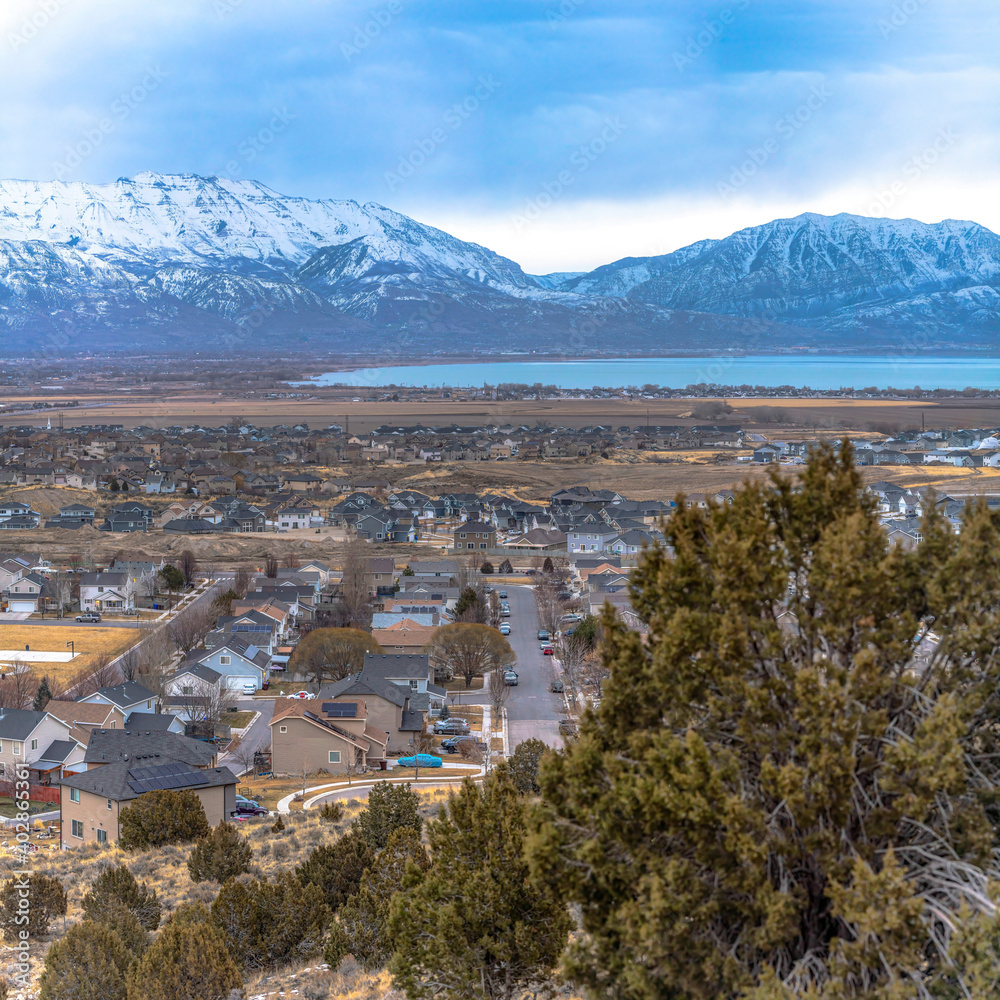 Aerial view of residential neighborhood with lake and snowy mountain scenery