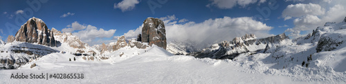 Beautiful winter landscape in the Cortina d'Ampezzo Dolomites. From the left the Tofana di Rozes and to the right the Cinque Torri group. Veneto, Italy.