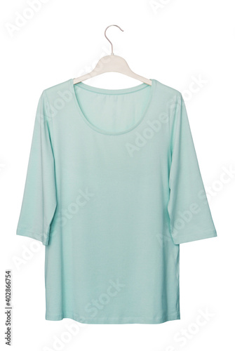 isolated female T-shirt on clothes hanger, light blue sweatshirt