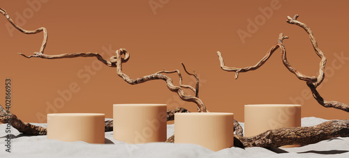 Minimal mockup background for product presentation. Podium and dry tree twigs branch with white sand beach on brown background. 3d rendering illustration. Clipping path of each element included.