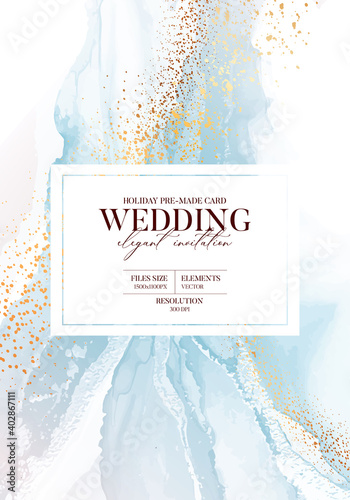 watercolor Blue wedding marble and gold abstract background texture. Indigo ocean teal acrylic ink with natural luxury rustic design with gold powder. Poster, invitation, painting background