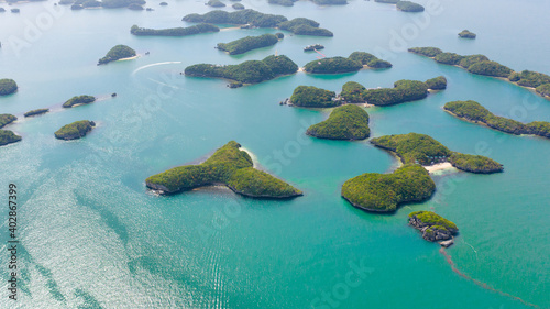 Seascape, a group of small islands, top view. National Park, Alaminos, Pangasinan, Philippines.
