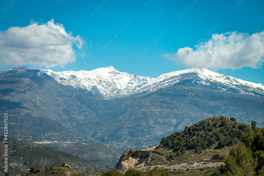 landscape in the mountains, sierra nevada in spain, snow covered