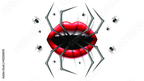 Spider With Lips On White Background. Halloween Design Elements. Spooky Scary Horror Decor Vector.