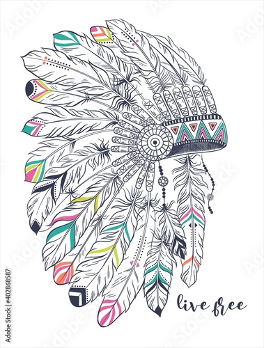 Boho illustration with headdress from feathers, tribal vector background. Ideal for T-shirt prints