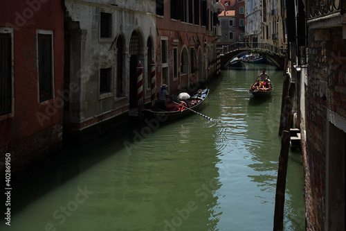 Gondola on canal. Trip to Venezia summer 2019. Venice, Italy.