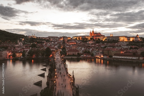 Charles Bridge over the Vltava River in Prague. Prague castle in the background.