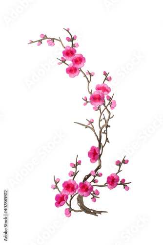 Embroidered branch with pink flowers decoration isolated on white background