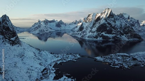 Panoramic winter view of the snow covered mountains of the Lofoten  archipelago photo