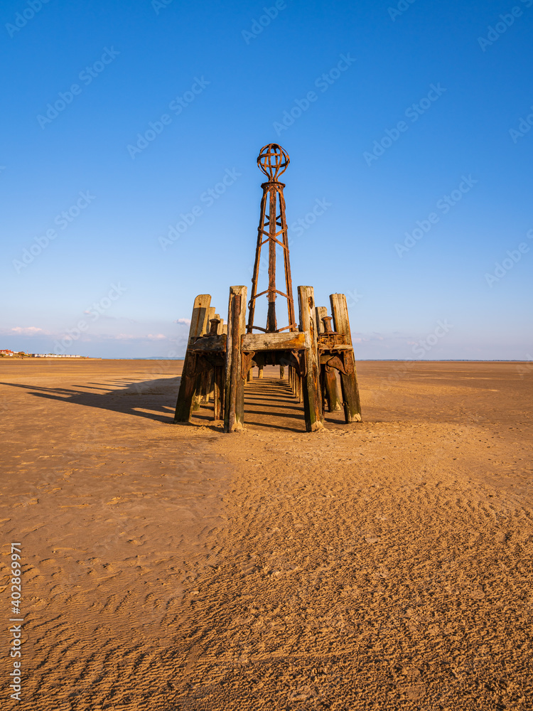 St Anne's Beach with the remains of the pier's landing jetty, seen in St Anne's, Lancashire, England, UK