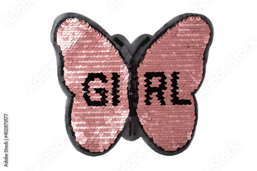 Pink sequin butterfly patch with GIRL lettering isolated on white background