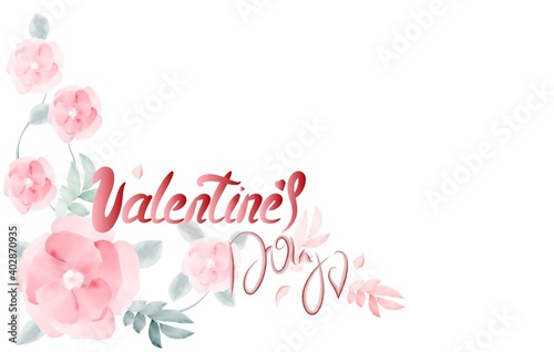 Rectangular vintage illustration. Valentine's Day inscription. Beautiful watercolor pink flowers, leaves, curls. White background.