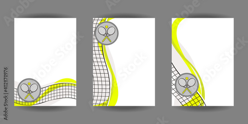A set of cards on the theme of tennis. Decoration for sporting events. Vector Illustration for the design of competitions, sports projects, tennis equipment.