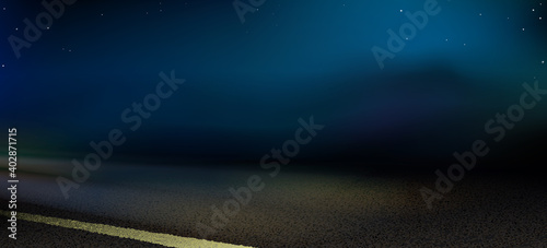 Night road and light headlights, highway under the open starry sky. Texture suburban asphalt way, route. Vector illustration