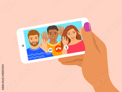 Friends online video call by smartphone. Young people say hi to their friend virtually in mobile video call app. Flat cartoon illustration. Social distance during coronavirus quarantine.
