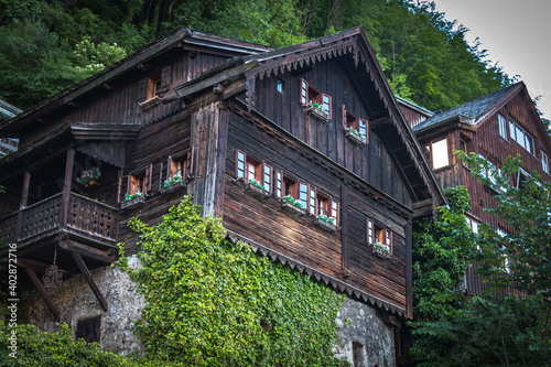 traditional wood houses in hallstatt, austria