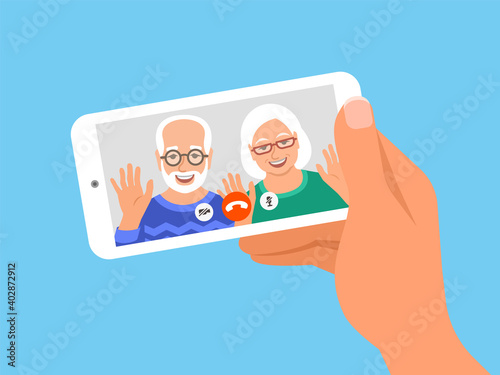 Family online video call by smartphone. Grandparents, grandfather and grandmother say hi virtually in mobile video call app. Flat cartoon illustration. Stay in touch with your loved ones