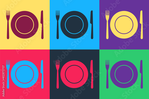 Pop art Plate, fork and knife icon isolated on color background. Cutlery symbol. Restaurant sign. Vector.