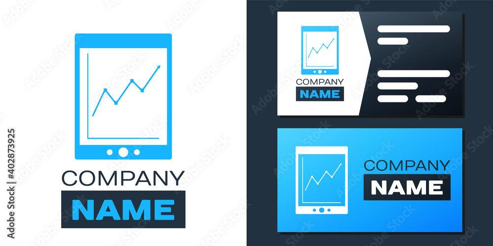 Logotype Tablet with statistic graph chart icon isolated on white background. Financial chart and graph sign. Logo design template element. Vector.